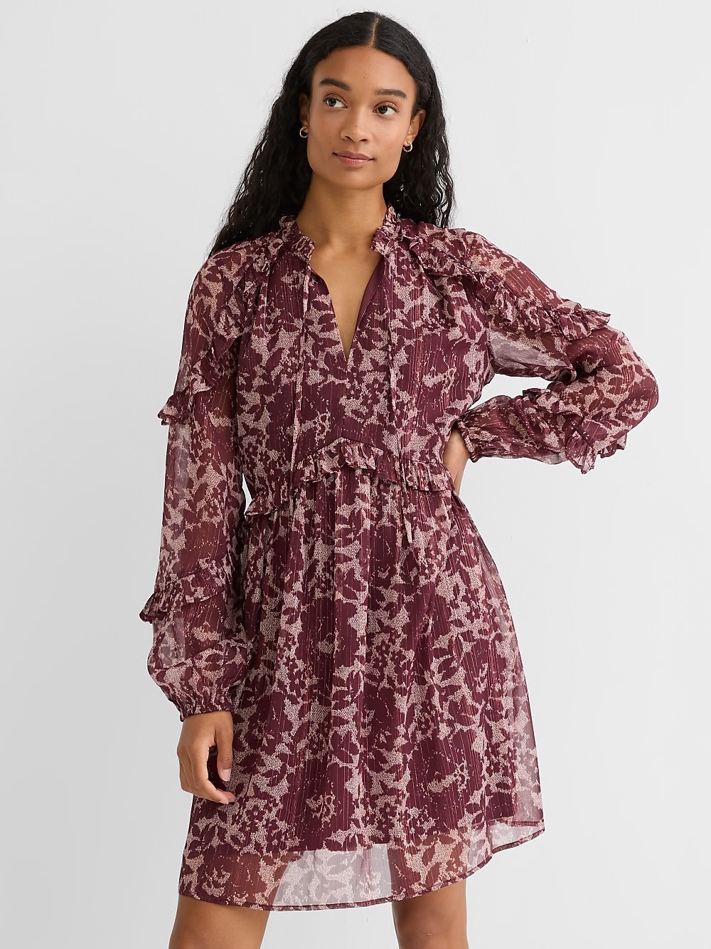 Loft Mini Dress Large Shimmer Ruffle Tie Neck Floral Long Sleeve Babydoll